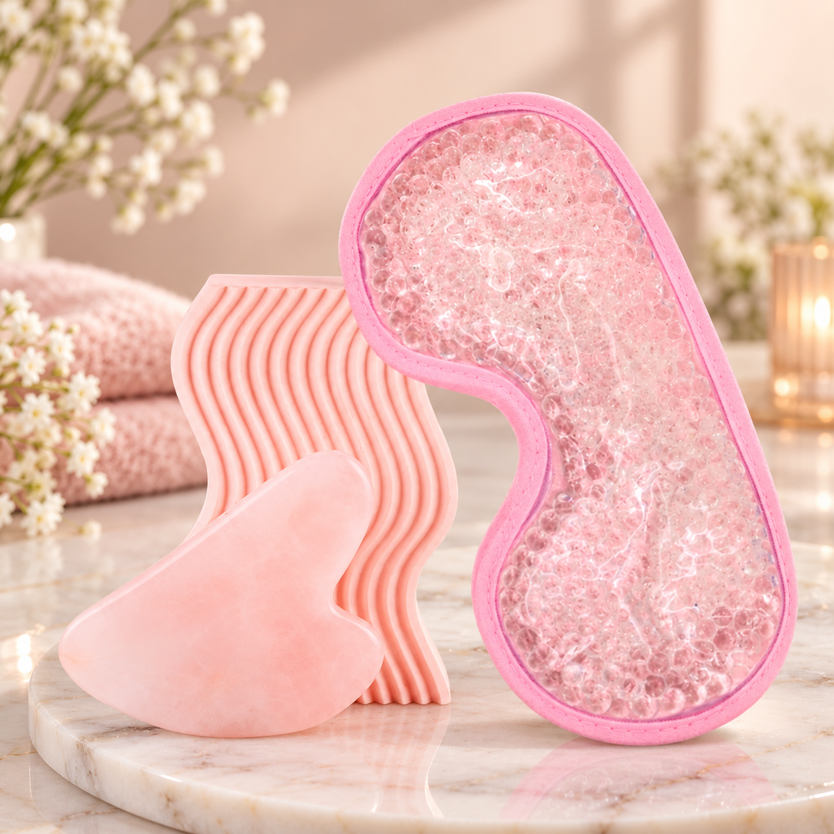 Gua Sha en quartz rose + Masque yeux chaud/froid