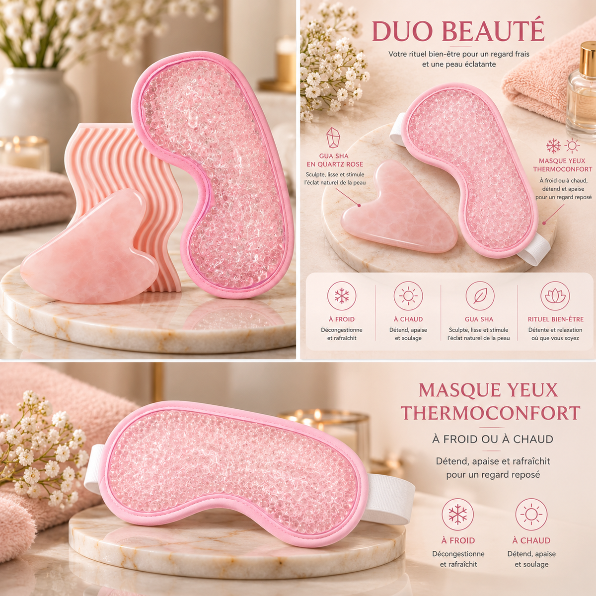 Gua Sha en quartz rose + Masque yeux chaud/froid